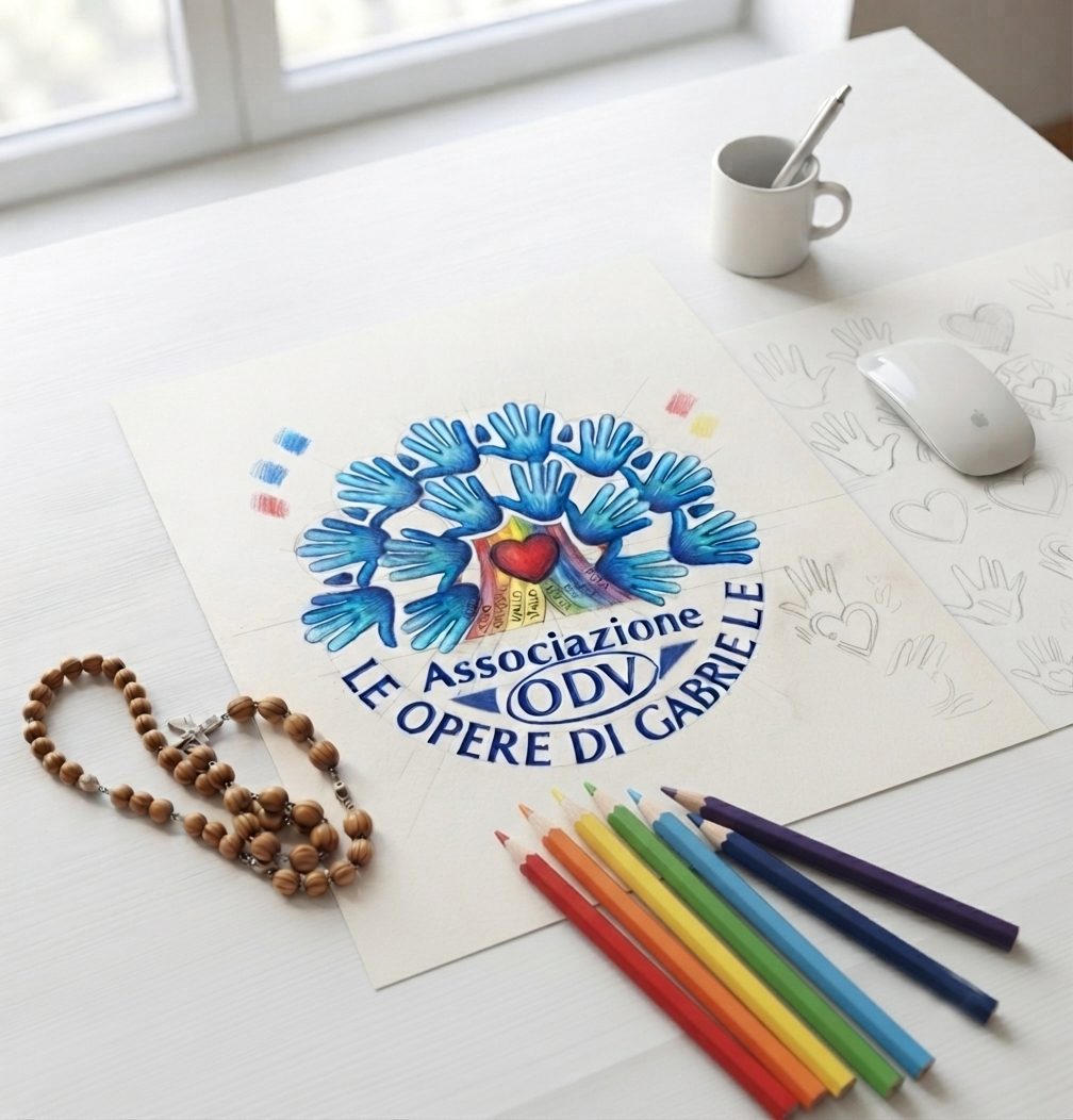 Il logo Le Opere di Gabriele ODV e i suoi schizzi preparatori